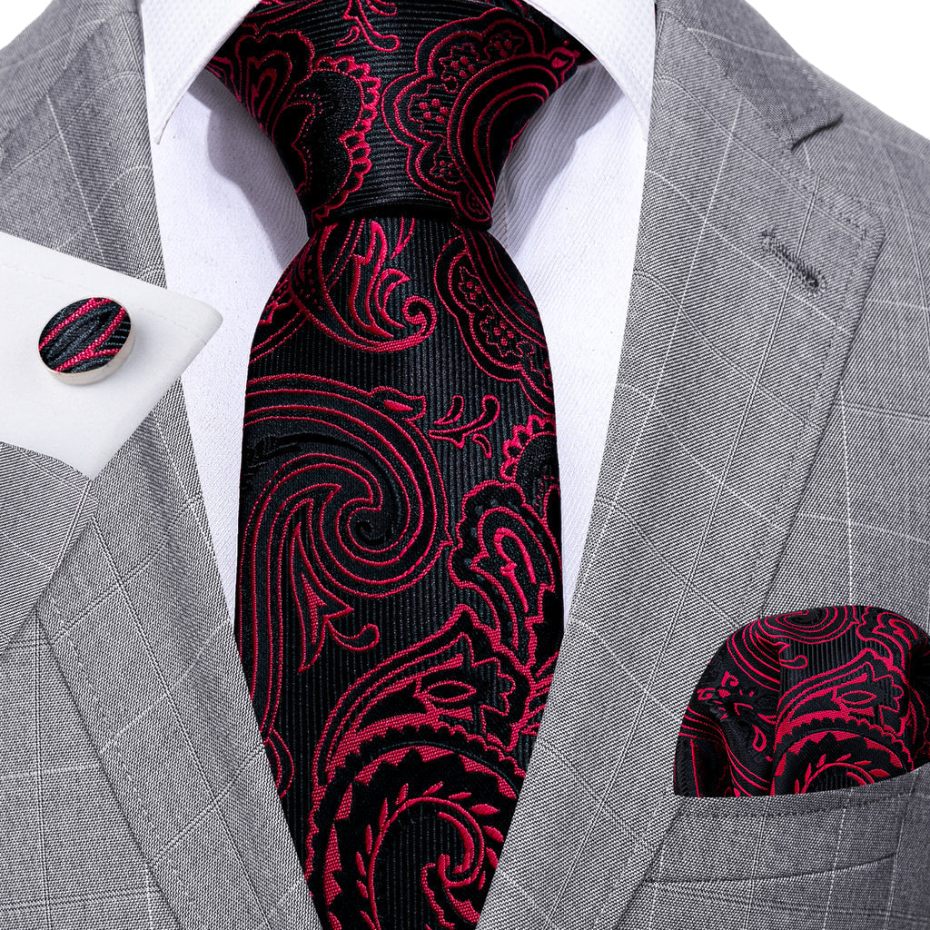 Red Black Paisley Silk Tie, Pocket Square and Cufflinks Set tie sets    - Sophisticated Gentlemen
