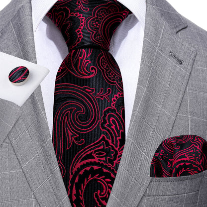 Red Black Paisley Silk Tie, Pocket Square and Cufflinks Set tie sets    - Sophisticated Gentlemen