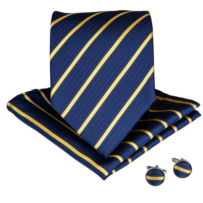 Classic Blue and Gold Striped XL Tie, Pocket Square and Cufflinks tie sets    - Sophisticated Gentlemen