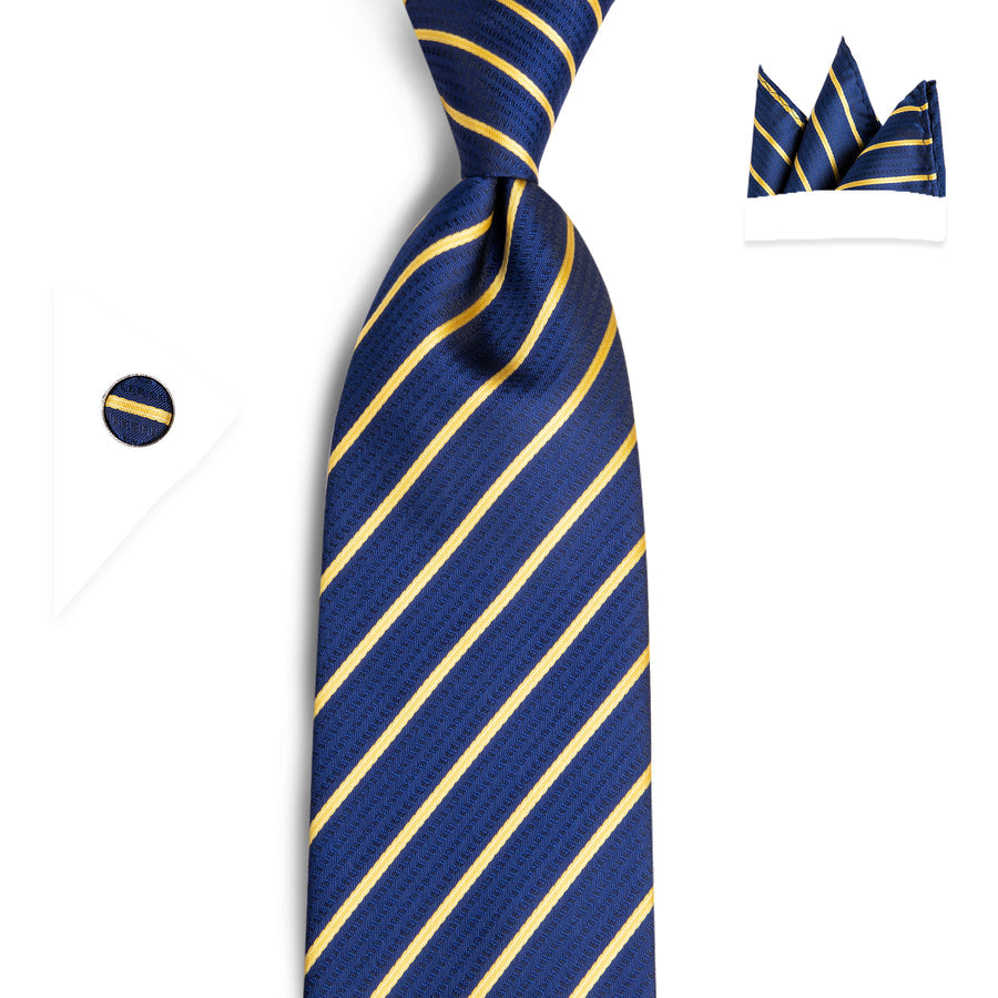 Classic Blue and Gold Striped XL Tie, Pocket Square and Cufflinks tie sets    - Sophisticated Gentlemen