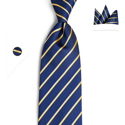 Classic Blue and Gold Striped XL Tie, Pocket Square and Cufflinks tie sets    - Sophisticated Gentlemen