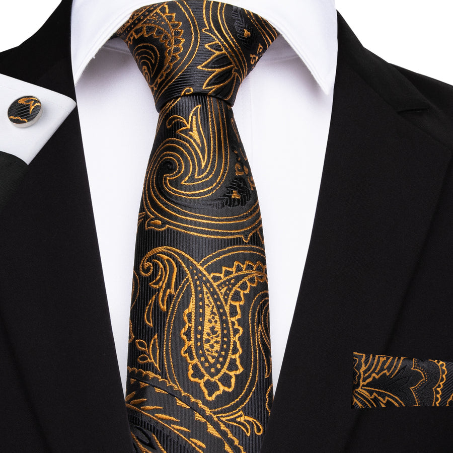 Black and Gold Paisley Silk XL Tie, Pocket Square and Cufflinks tie sets    - Sophisticated Gentlemen