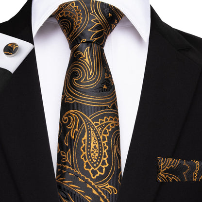 Black and Gold Paisley Silk XL Tie, Pocket Square and Cufflinks tie sets    - Sophisticated Gentlemen