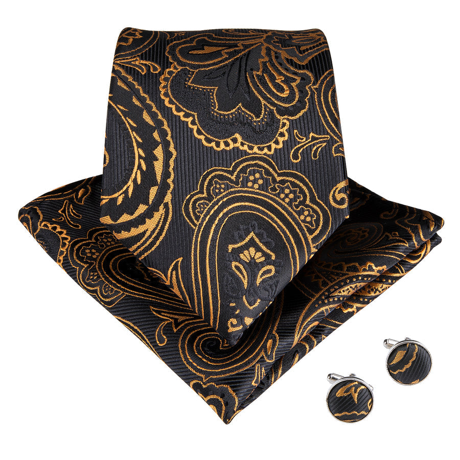 Black and Gold Paisley Silk XL Tie, Pocket Square and Cufflinks tie sets    - Sophisticated Gentlemen