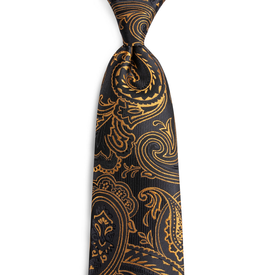 Black and Gold Paisley Silk XL Tie, Pocket Square and Cufflinks tie sets    - Sophisticated Gentlemen
