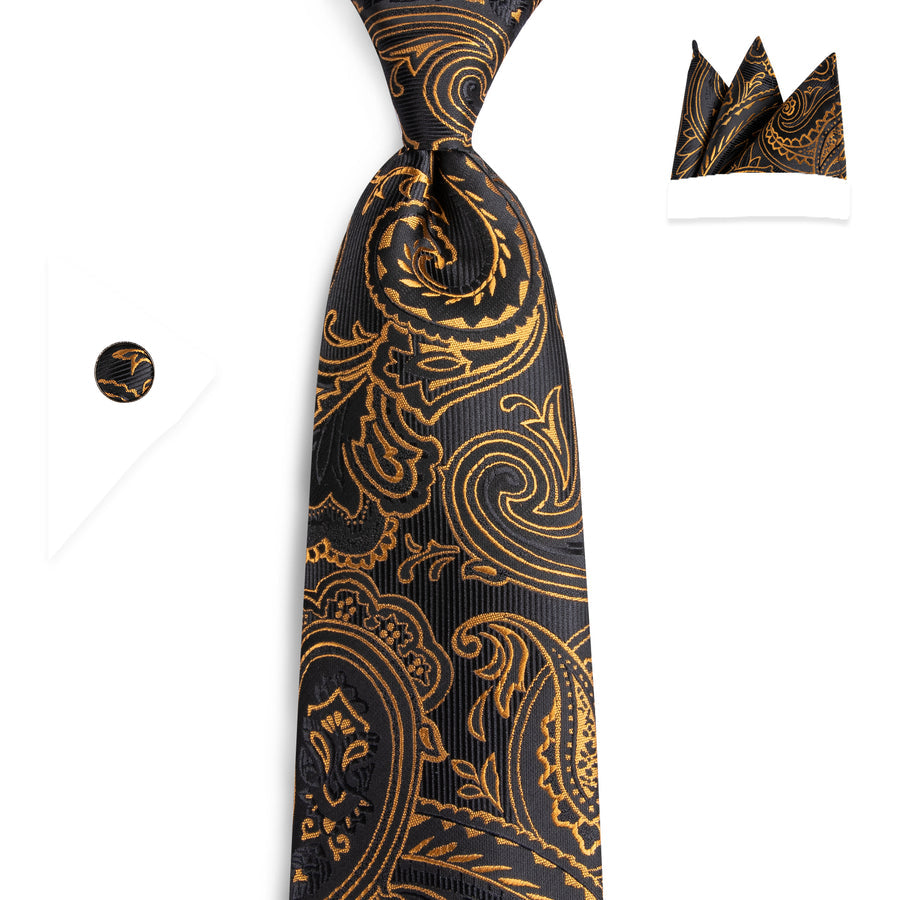 Black and Gold Paisley Silk XL Tie, Pocket Square and Cufflinks tie sets    - Sophisticated Gentlemen