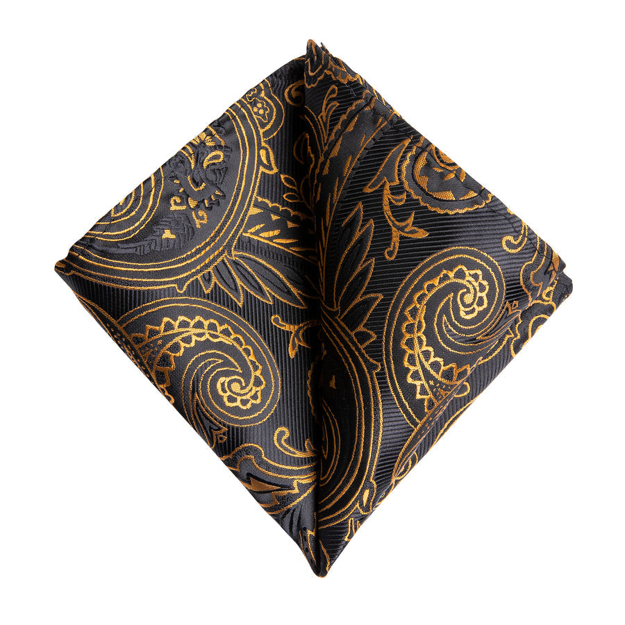 Black and Gold Paisley Silk XL Tie, Pocket Square and Cufflinks tie sets    - Sophisticated Gentlemen