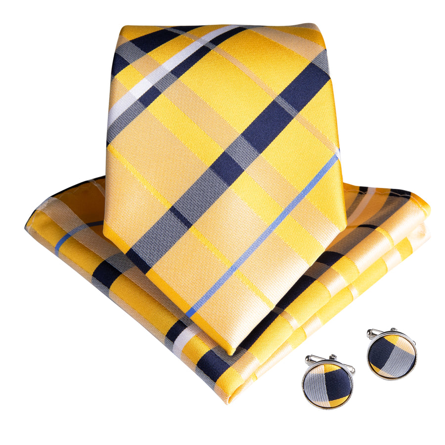 Yellow and Blue Striped Silk XL Tie, Pocket Square and Cufflinks tie sets    - Sophisticated Gentlemen