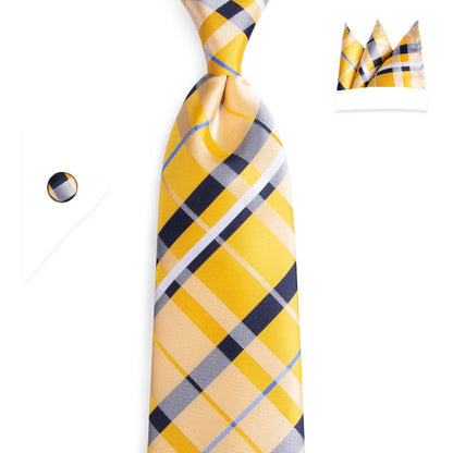 Yellow and Blue Striped Silk XL Tie, Pocket Square and Cufflinks tie sets    - Sophisticated Gentlemen