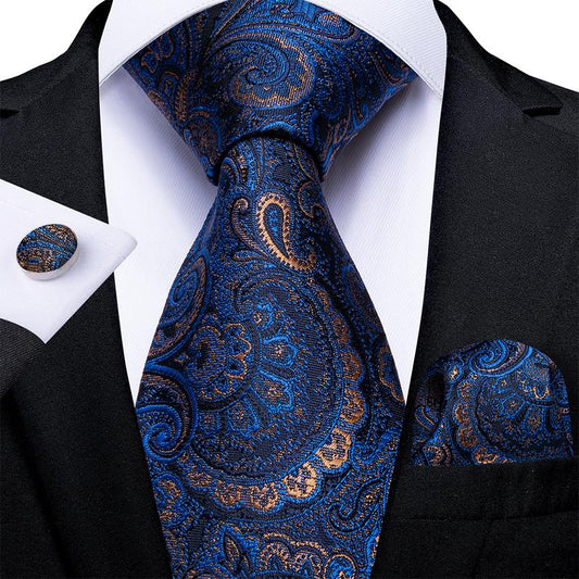 Radiant Blue Paisley Tie Set with Pocket Square & Cufflinks tie sets Standard packaging   - Sophisticated Gentlemen