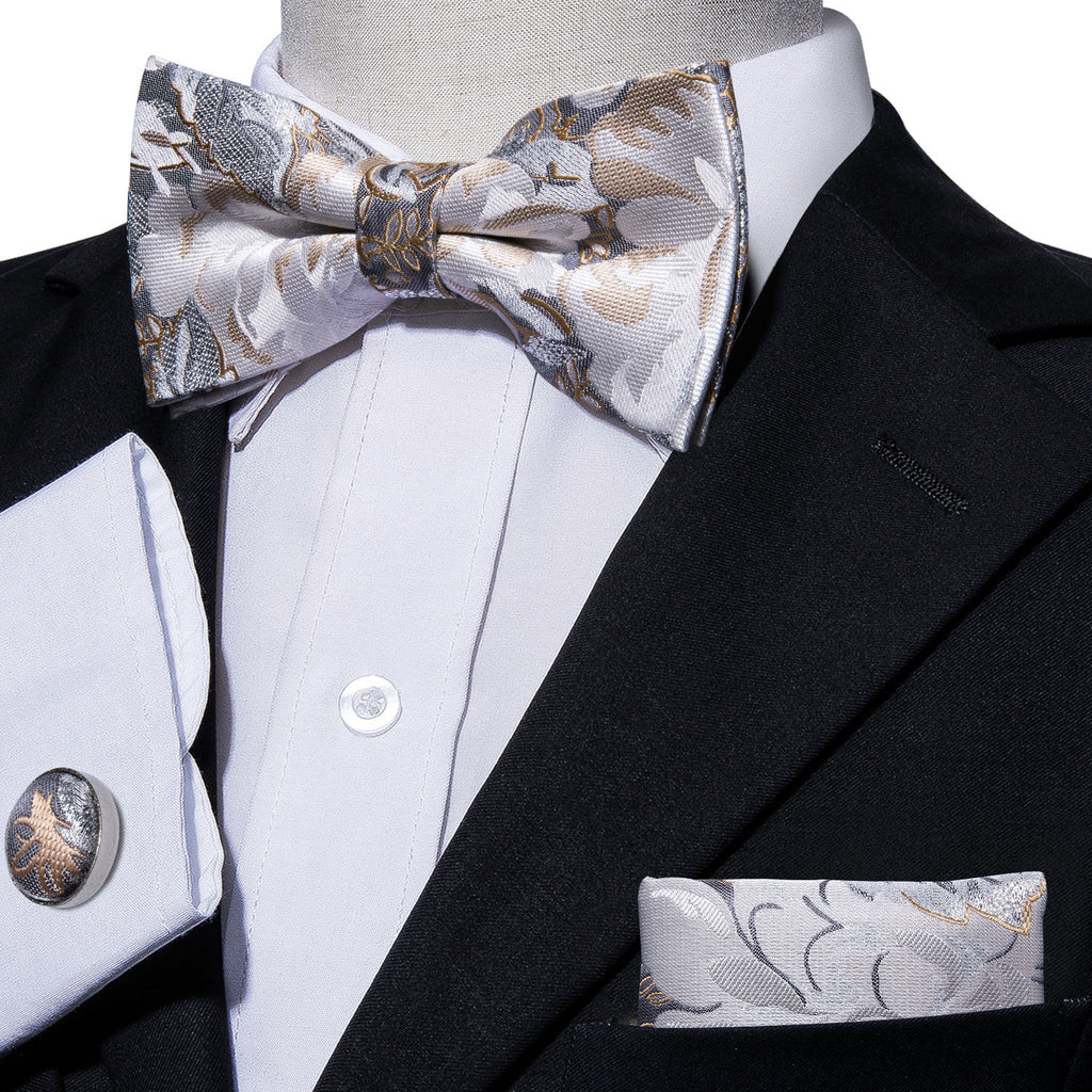 Golden White Floral Bow Tie Set bow ties    - Sophisticated Gentlemen