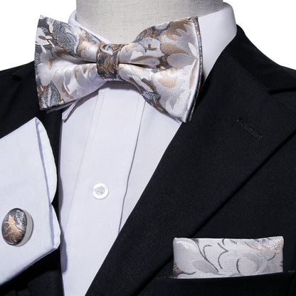 Golden White Floral Bow Tie Set bow ties    - Sophisticated Gentlemen