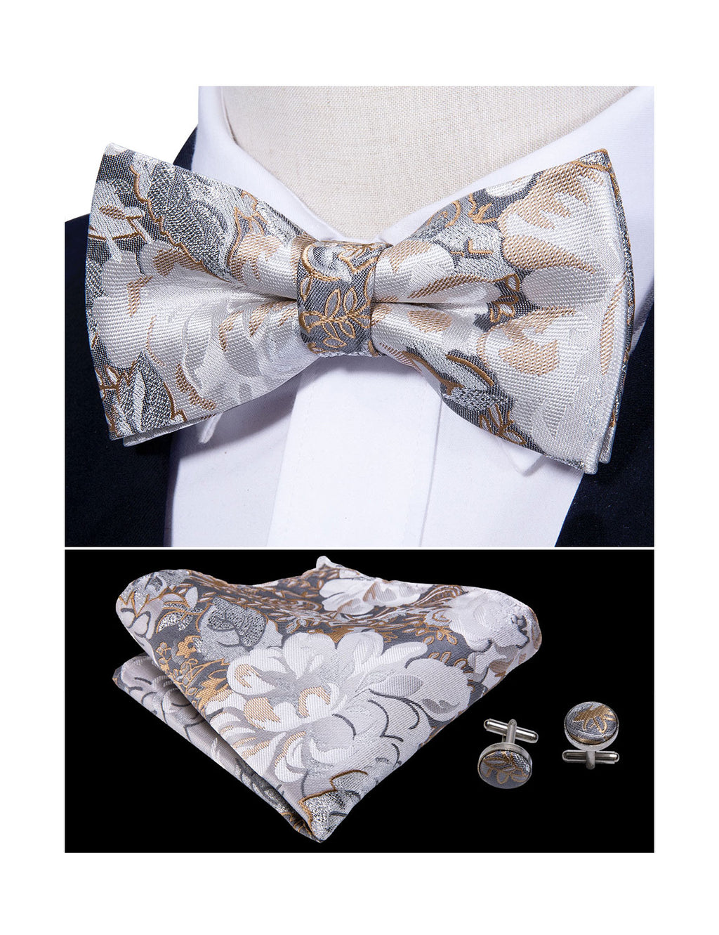 Golden White Floral Bow Tie Set bow ties    - Sophisticated Gentlemen