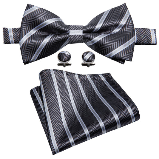 Black White Stripe Bow Tie Set bow ties    - Sophisticated Gentlemen