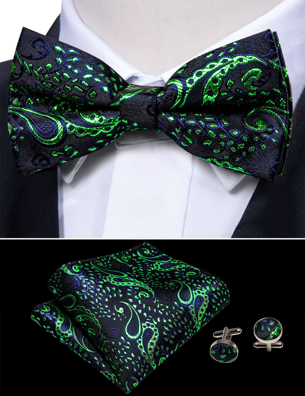 Shining Green Blue Paisley Bow Tie Set bow ties    - Sophisticated Gentlemen