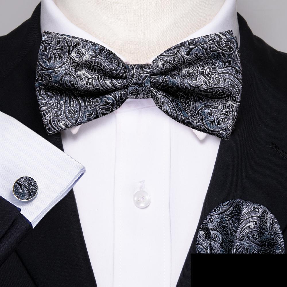 Gray Black Paisley Bow Tie Set bow ties    - Sophisticated Gentlemen