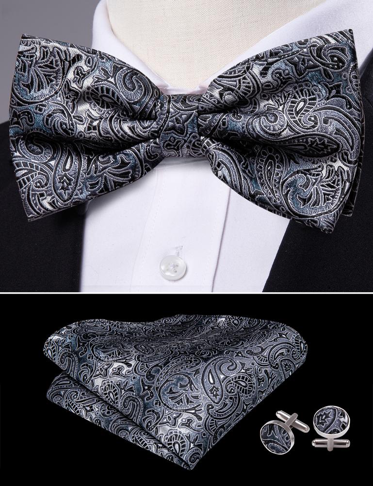 Gray Black Paisley Bow Tie Set bow ties    - Sophisticated Gentlemen