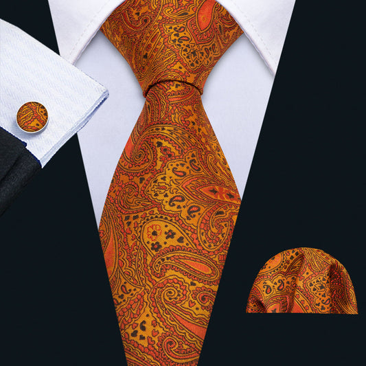 Golden Paisley Silk Tie, Pocket Square and Cufflinks Set tie sets    - Sophisticated Gentlemen