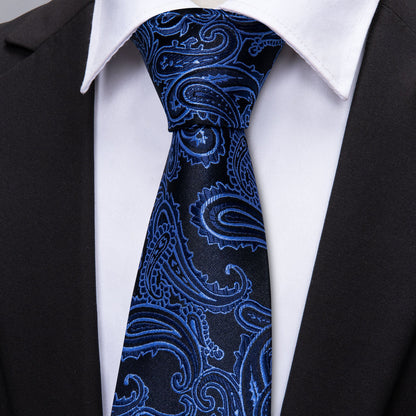 Dark Blue Black Paisley Tie, Pocket Square and Cufflinks Set tie sets    - Sophisticated Gentlemen