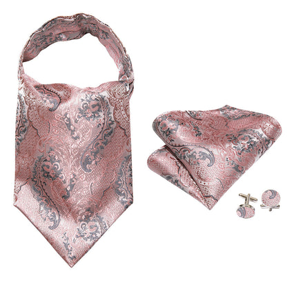 Pink Silver Paisley Silk Ascot, Pocket Square and Cufflinks ascot    - Sophisticated Gentlemen