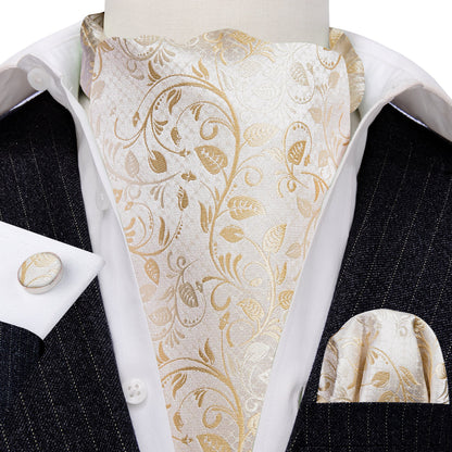 White Floral Silk Ascot, Pocket Square and Cufflinks ascot    - Sophisticated Gentlemen