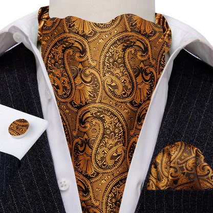 Gold Brown Silk Paisley Ascot, Pocket Square and Cufflinks ascot    - Sophisticated Gentlemen