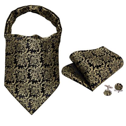 Black Gold Silk Paisley Ascot, Pocket Square and Cufflinks ascot    - Sophisticated Gentlemen
