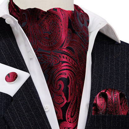 Red Black Silk Paisley Ascot, Pocket Square and Cufflinks ascot    - Sophisticated Gentlemen