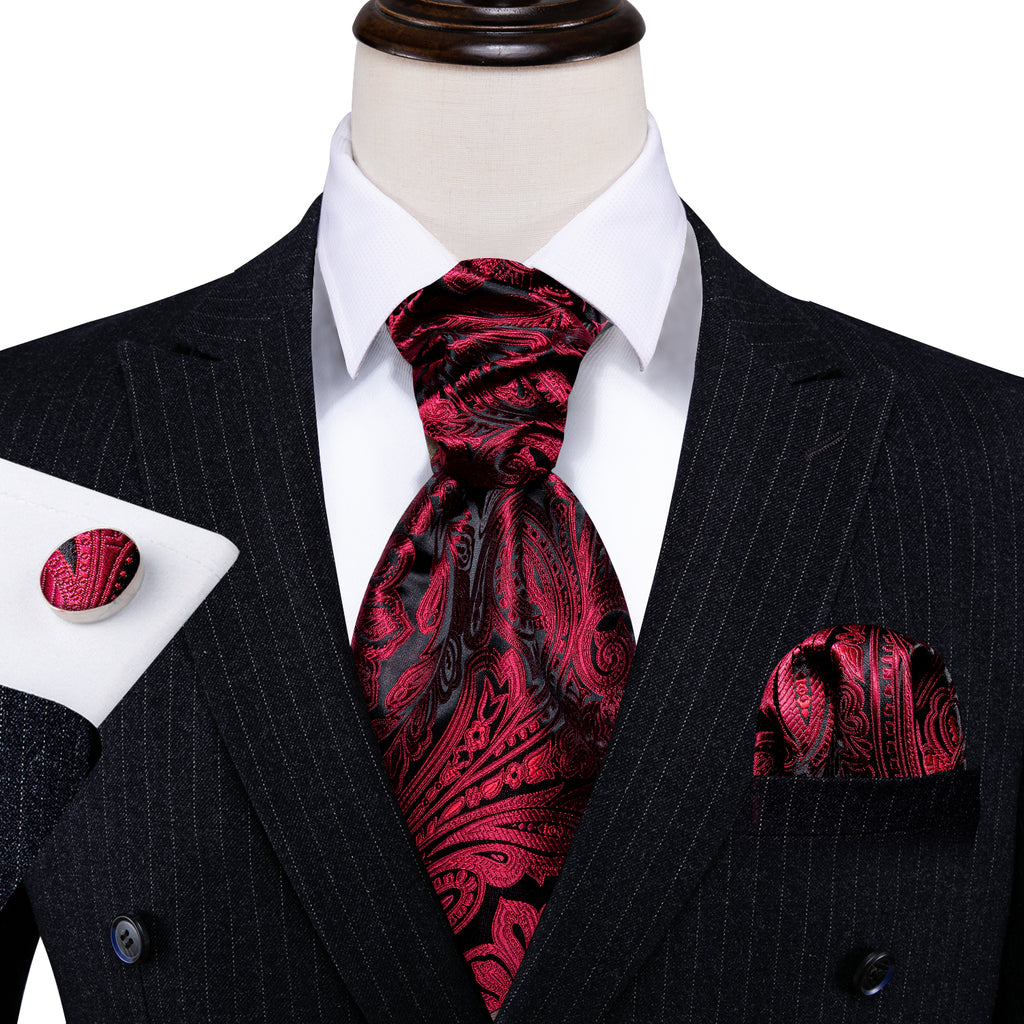 Red Black Silk Paisley Ascot, Pocket Square and Cufflinks ascot    - Sophisticated Gentlemen