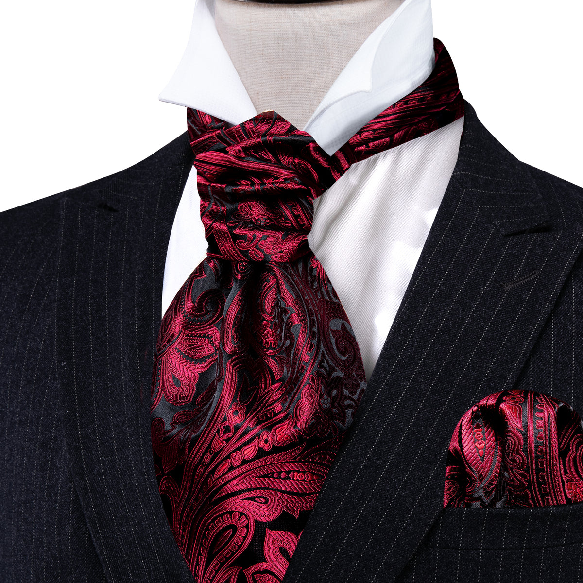 Red Black Silk Paisley Ascot, Pocket Square and Cufflinks ascot    - Sophisticated Gentlemen