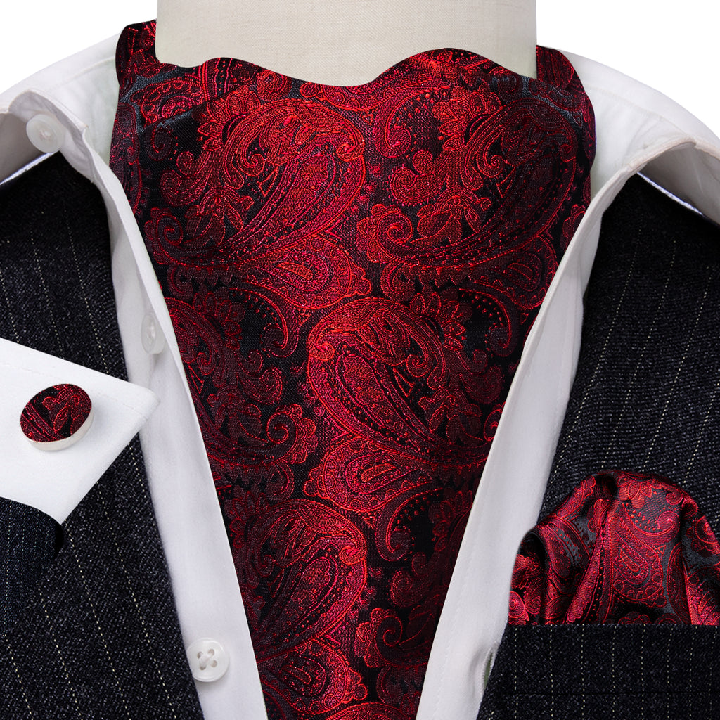 Shining Red Paisley Ascot, Pocket Square and Cufflinks ascot    - Sophisticated Gentlemen