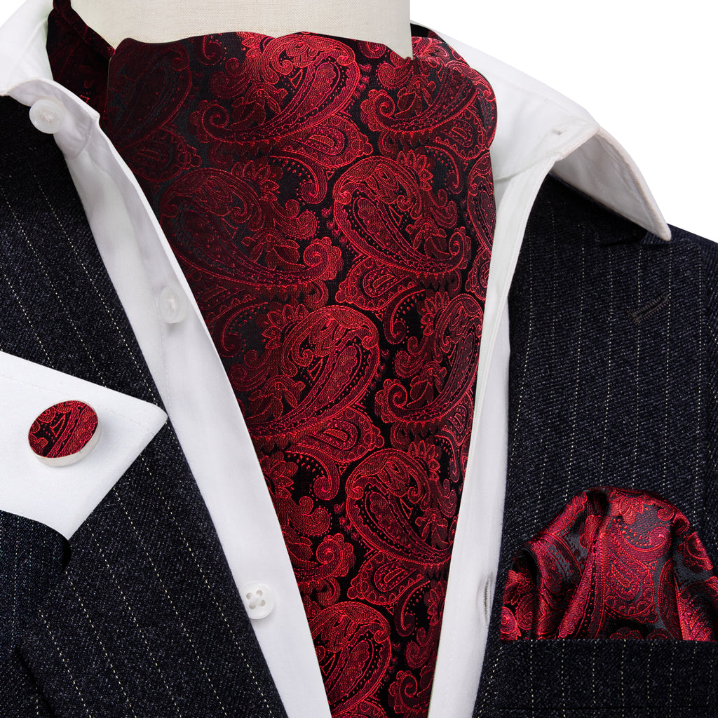 Shining Red Paisley Ascot, Pocket Square and Cufflinks ascot    - Sophisticated Gentlemen