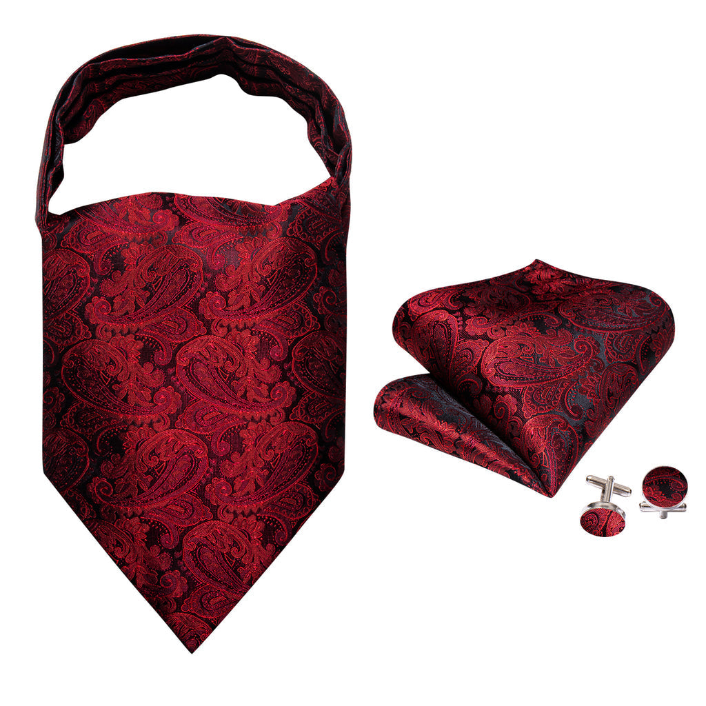 Shining Red Paisley Ascot, Pocket Square and Cufflinks ascot    - Sophisticated Gentlemen