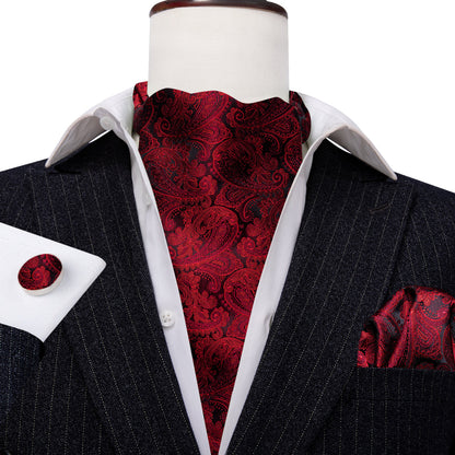 Shining Red Paisley Ascot, Pocket Square and Cufflinks ascot    - Sophisticated Gentlemen