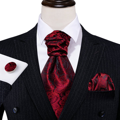 Shining Red Paisley Ascot, Pocket Square and Cufflinks ascot    - Sophisticated Gentlemen