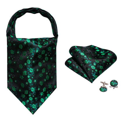 Green Black Flower Ascot, Pocket Square and Cufflinks ascot    - Sophisticated Gentlemen