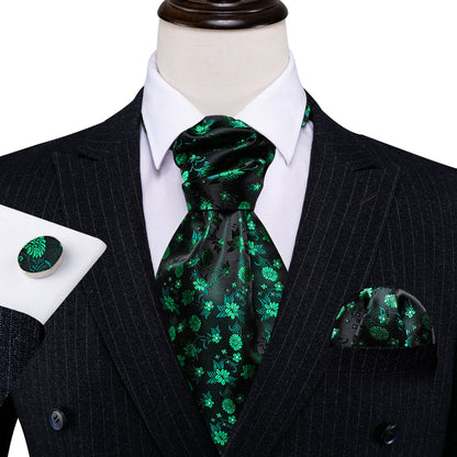 Green Black Flower Ascot, Pocket Square and Cufflinks ascot    - Sophisticated Gentlemen