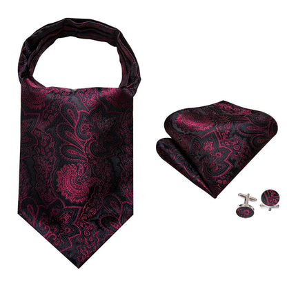 Black Maroon Paisley Silk Ascot, Pocket Square and Cufflinks ascot    - Sophisticated Gentlemen
