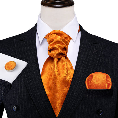 Orange Paisley Silk Ascot, Pocket Square and Cufflinks ascot    - Sophisticated Gentlemen