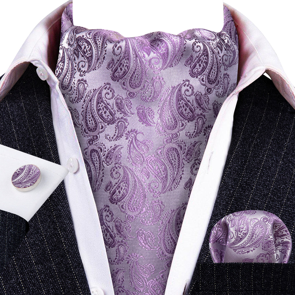 Purple White Paisley Silk Ascot, Pocket Square and Cufflinks ascot    - Sophisticated Gentlemen