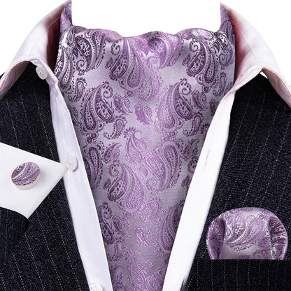 Purple White Paisley Silk Ascot, Pocket Square and Cufflinks ascot    - Sophisticated Gentlemen