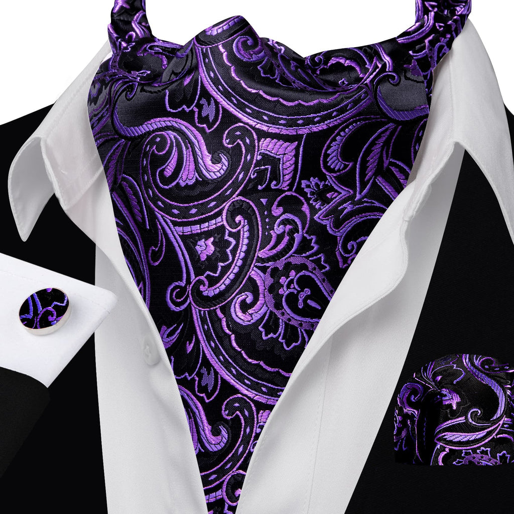 Black Purple Ascot, Pocket Square and Cufflinks ascot    - Sophisticated Gentlemen