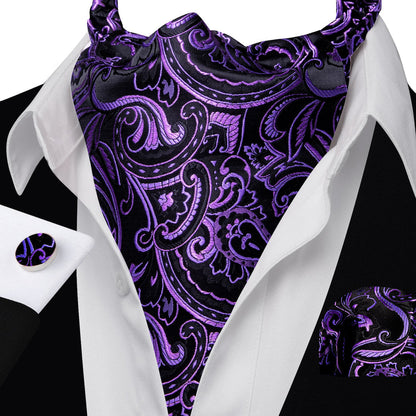 Black Purple Ascot, Pocket Square and Cufflinks ascot    - Sophisticated Gentlemen
