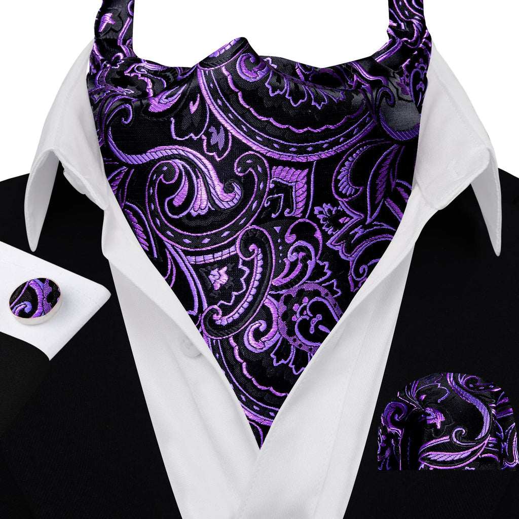 Black Purple Ascot, Pocket Square and Cufflinks ascot    - Sophisticated Gentlemen