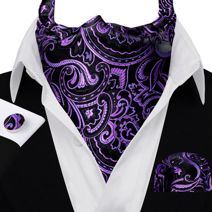 Black Purple Ascot, Pocket Square and Cufflinks ascot    - Sophisticated Gentlemen