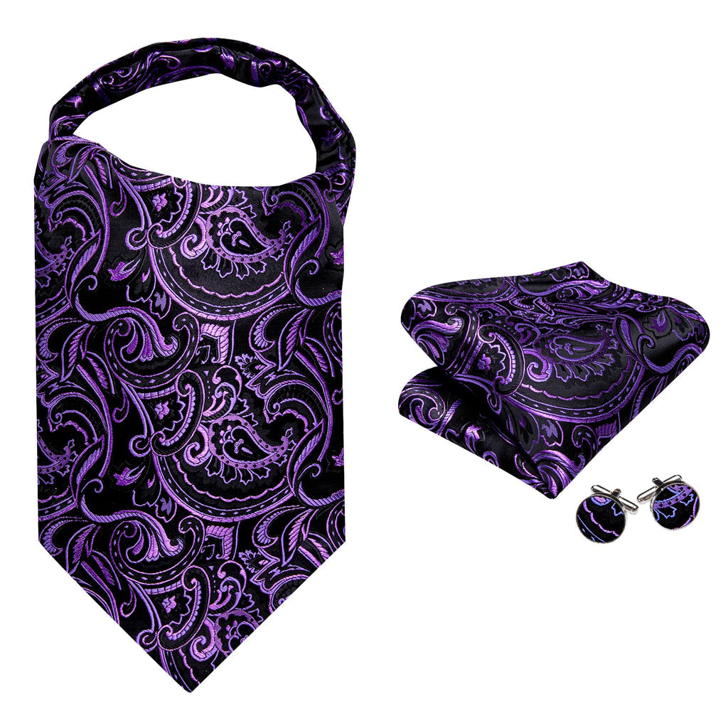 Black Purple Ascot, Pocket Square and Cufflinks ascot    - Sophisticated Gentlemen