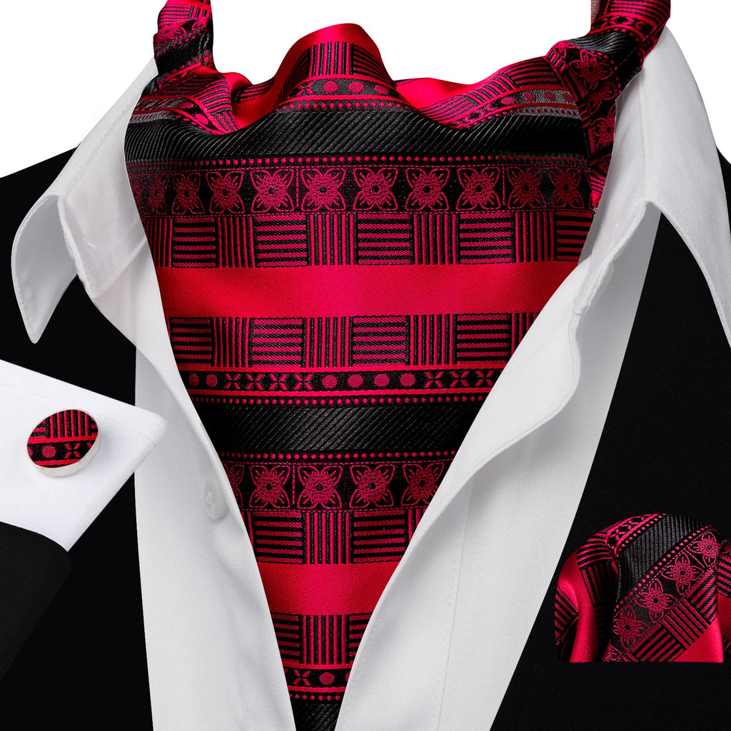 Black Red Novelty Ascot, Pocket Square and Cufflinks ascot    - Sophisticated Gentlemen