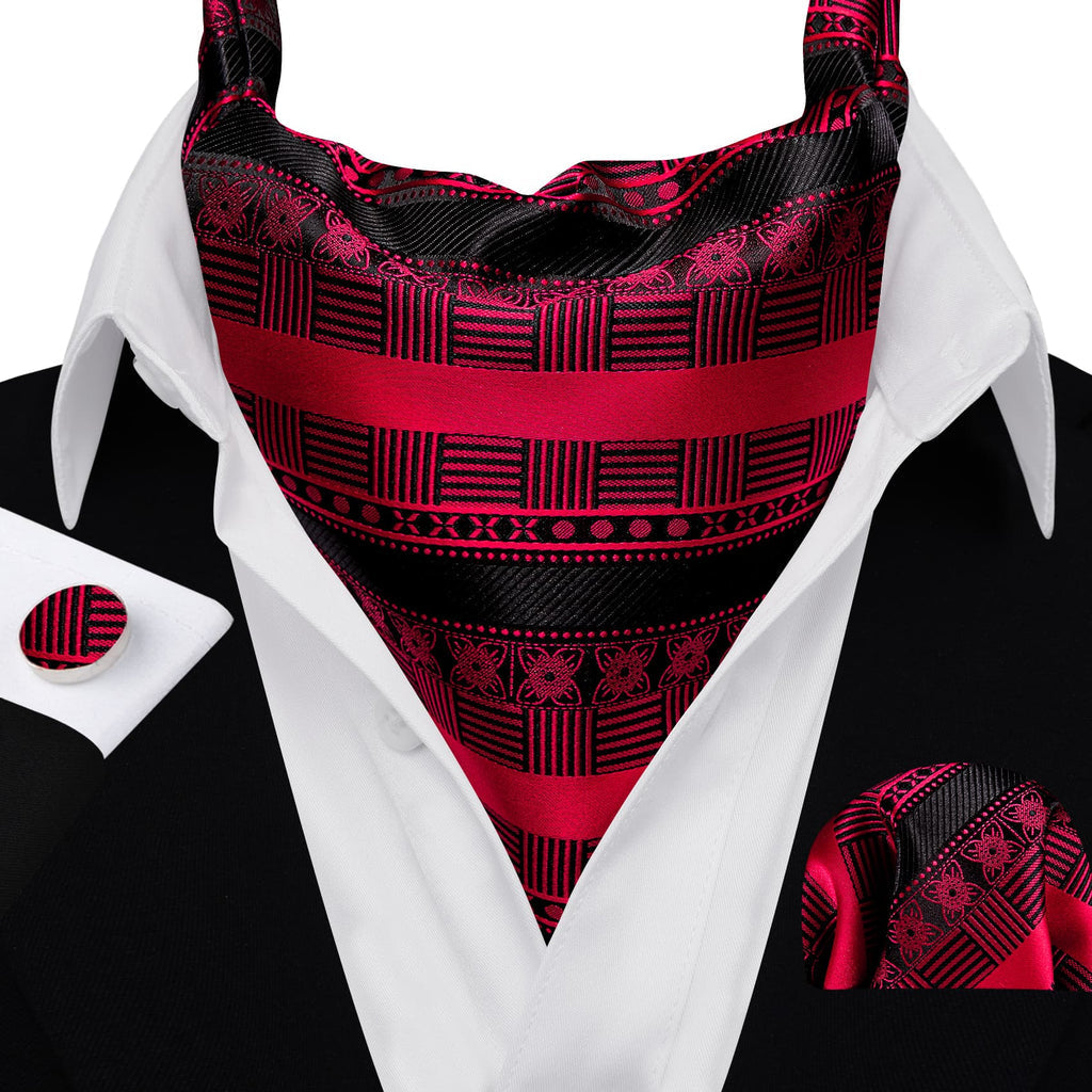 Black Red Novelty Ascot, Pocket Square and Cufflinks ascot    - Sophisticated Gentlemen