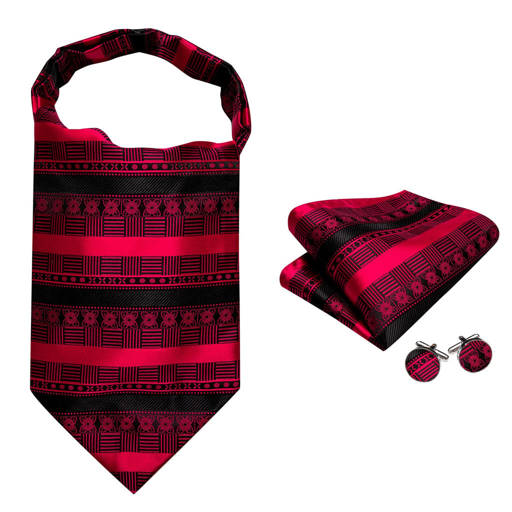 Black Red Novelty Ascot, Pocket Square and Cufflinks ascot    - Sophisticated Gentlemen