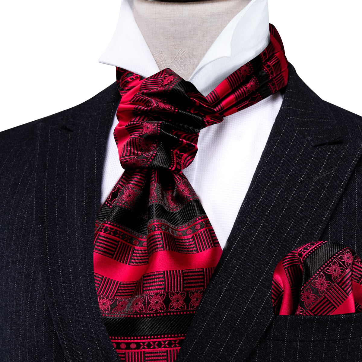Black Red Novelty Ascot, Pocket Square and Cufflinks ascot    - Sophisticated Gentlemen